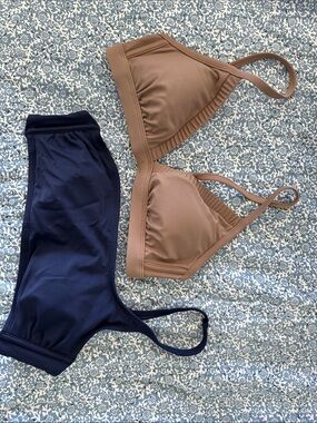 Kona Sol Taupe and Navy Two-Piece Bikini Set
